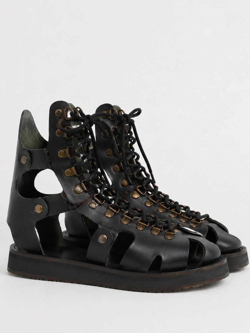 French Surplus Black Leather Combat Gladiator Sandals Army Navy Lace Up Size 11